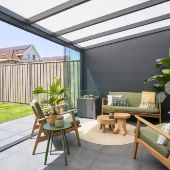 Stylish Giallo veranda with integrated guttering system