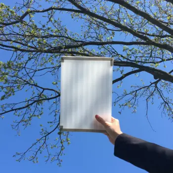 Opaque polycarbonate roofing is semi-transparent. It provides light diffusion, making it more heat resistant than transparent roofing. Leaves, sand, and dirt are less visible from inside.