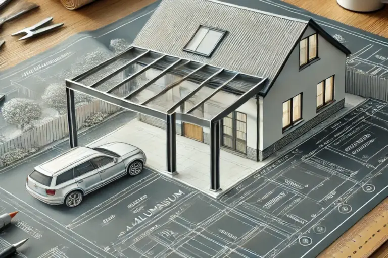 Blueprint of an aluminium car port extension on the side of a house, detailed with measurements, aluminium posts, beams, roofing panels, and house connection, displayed on a wooden table with drafting tools