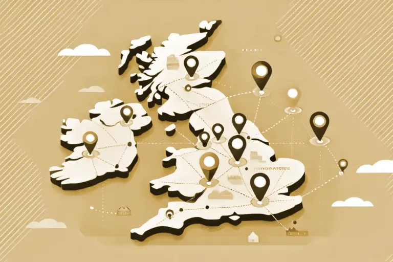 Landscape illustration of a UK map with points and arrows indicating connectivity and nationwide coverage, designed in a clean and modern style with no text.